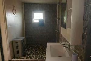 a bathroom with a sink and a shower with a window at La Maison des Cocotiers in Petite Île +13 photos