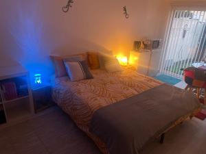 a bedroom with a large bed with colorful pillows at Chez Fabrice in Lunel