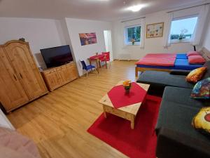 a living room with a couch and a tv at Charme Appartment in Freiburg im Breisgau