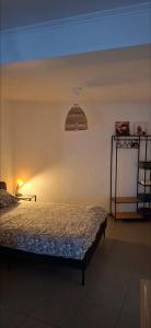 a bedroom with a bed and a blue light at studio dans le centre de Mons in Mons