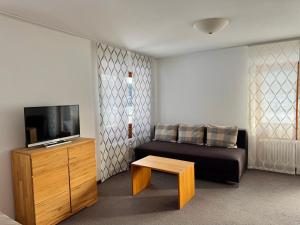a living room with a couch and a tv at Appartements Waldrose in Titisee-Neustadt