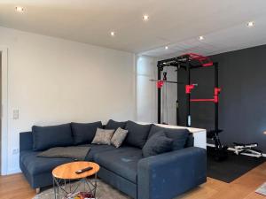 a living room with a blue couch and a gym at Kappelblick Apartment ohne Küche - mehr als nur ein Doppelzimmer in Burgthann