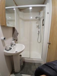 a small bathroom with a shower and a sink at The Robin's Nest in Fochabers