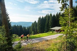 two people riding bikes down a dirt road at Ferienwohnung Petra in Ilmenau