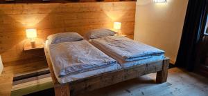 a bedroom with two beds and two lamps on a wooden wall at Molin in Vigo di Fassa