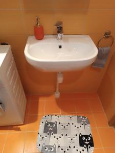 a bathroom with a sink and a black and white cat rug at Jõekalda kodu in Pärnu +7 photos