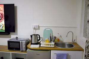 a kitchen counter with a sink and a microwave at Manuel's Apartment in Port Louis