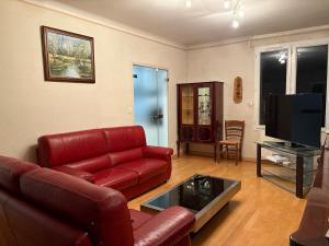 a living room with a red couch and a flat screen tv at Mélusine - logement tout confort in Parthenay