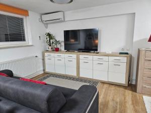 a living room with a couch and a flat screen tv at Apartment Berglez in Škofja Loka