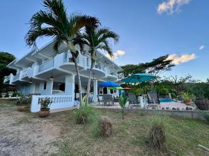 a white house with a palm tree and a pool at Vieques BioBay Bed and Breakfast in Vieques