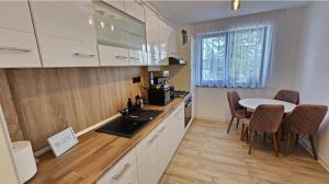 a kitchen with a sink and a table with chairs at Copou Luxury Suites in Vaslui