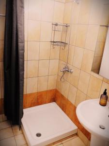 a bathroom with a shower and a sink at Eva's Eden in Vourvourou +9 photos