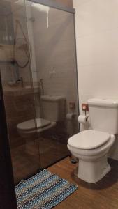 a bathroom with a toilet and a glass shower at Central Apartment 2 in Ouro Preto