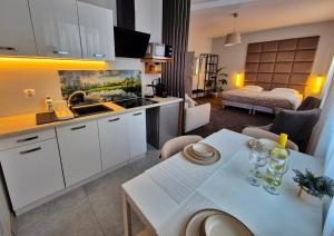 a kitchen and a living room with a table in a kitchen at Apartament Strumyk in Czarnków