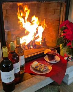 three bottles of wine and a plate of food in front of a fireplace at Die Grenzburg in Güstrow +11 photos