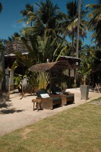 a group of lounge chairs and a hut with palm trees at Quadrado Pousada in São Miguel dos Milagres