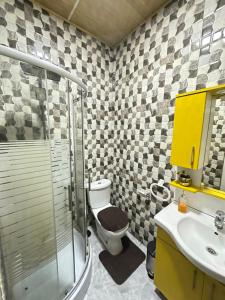 a bathroom with a shower and a toilet and a sink at Nara Cíntia in Luanda