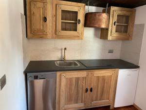a kitchen with wooden cabinets and a sink at La casetta di Piera in Brusson
