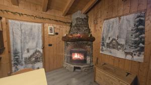 ein Kamin in einem Zimmer mit holzgetäfelten Wänden in der Unterkunft Ciapin House in Buglio in Monte