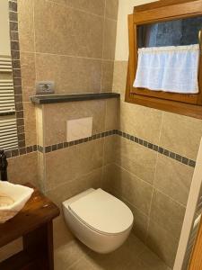 a bathroom with a toilet and a sink and a window at La casetta di Piera in Brusson