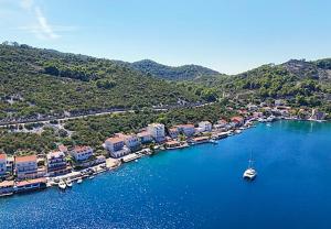 an aerial view of a harbor with a boat in the water at Apartment Anka Polače in Polače +12 photos