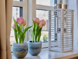 three vases with pink flowers sitting on a window sill at Ferienwohnungen Bosbuell Huus in Bosbüll