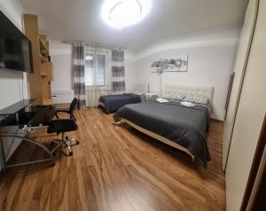 a bedroom with a bed and a desk and a television at Appartamento Valentinis 74 in Monfalcone