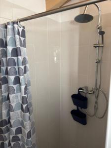 a shower with a shower curtain in a bathroom at Casa da Roda in Arronches +15 photos