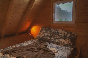 a bed in a wooden cabin with a window at Domek Pod Sosnami in Bronków
