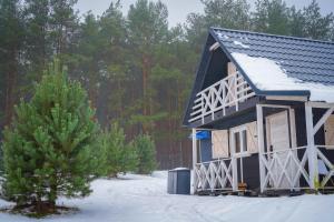 a small house in the snow next to a tree at Domek Pod Sosnami in Bronków