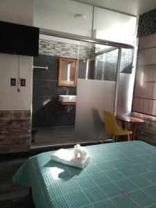 a bathroom with a bed and a shower and a sink at Hotel Ruah in Tumbes