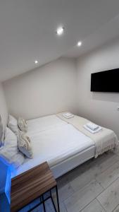 a bed in a room with a tv on the wall at Ventė Stay apartment in Ventė +4 photos