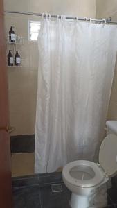 ein Badezimmer mit weißem Duschvorhang und Toilette in der Unterkunft Descanso Perfecto Ruta 34, Wifi, Cochera e Ideal para Viajeros, 3 personas in Fernández + 27 Fotos