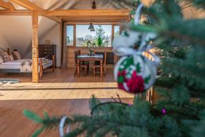 a living room with a christmas tree in the foreground at Apartamenty Baj na Polnej - bezpłatny parking, widok na góry i zewnętrzna balia! in PyzÃ³wka