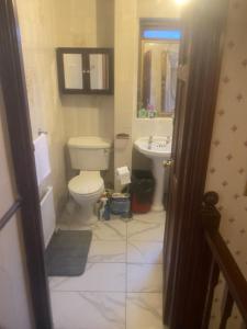a bathroom with a toilet and a sink at A Spacious Odyssey in Dagenham +8 photos