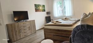 a bedroom with a bed and a television on a dresser at Sternenhimmel in Lenz