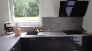 a kitchen with a sink and a window at Haus Phil in Lenz