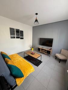 a living room with a couch and a tv at Maison de ville Chauny in Chauny