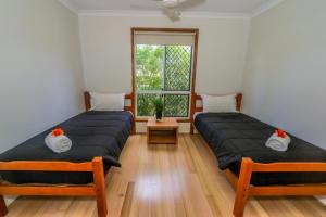 two beds in a room with a window at McLeods • Pet-Friendly Central Beach House for 6 in Agnes Water