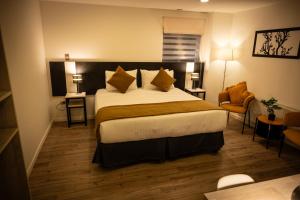 a hotel room with a large bed and a chair at Hotel Auramia in Punta Arenas