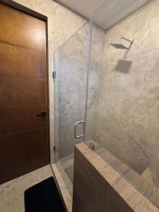 a bathroom with a shower with a glass door at Loft moderno y acogedor in Durango +26 photos