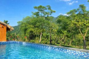 a swimming pool in front of a forest at Khu du lịch nghỉ dưỡng Thạch Lâm Retreat in Thanh Hối