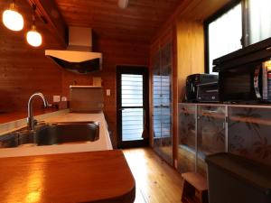 a kitchen with a sink and a microwave at La villetta 白浜 in Minamiboso