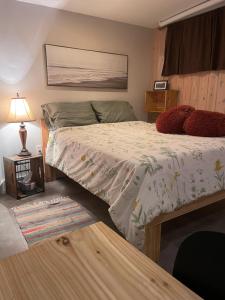 a bedroom with a large bed and a lamp at Refuge nature en forêt quartier paisible Parc des Chutes in La Tuque
