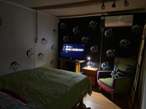 a bedroom with a bed and a television with skulls on the wall at Departamento Terraza in Molina