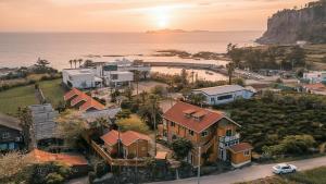 an aerial view of a town with houses and the ocean at Seogwipo Neulbada Pet Pension in Seogwipo