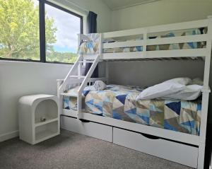 a bedroom with two bunk beds and a window at Seabreeze Holiday Park in Hotwater Beach