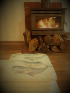 a drawing of a person in front of a fireplace at Driftwood Cottage in Dolphin Sands