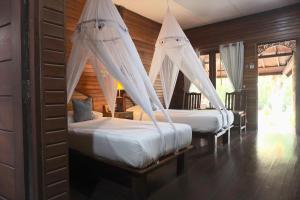 two beds in a room with white drapes at Raja Ampat Dive Lodge in Pulau Mansuar