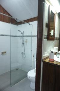 a bathroom with a glass shower and a toilet at Raja Ampat Dive Lodge in Pulau Mansuar
